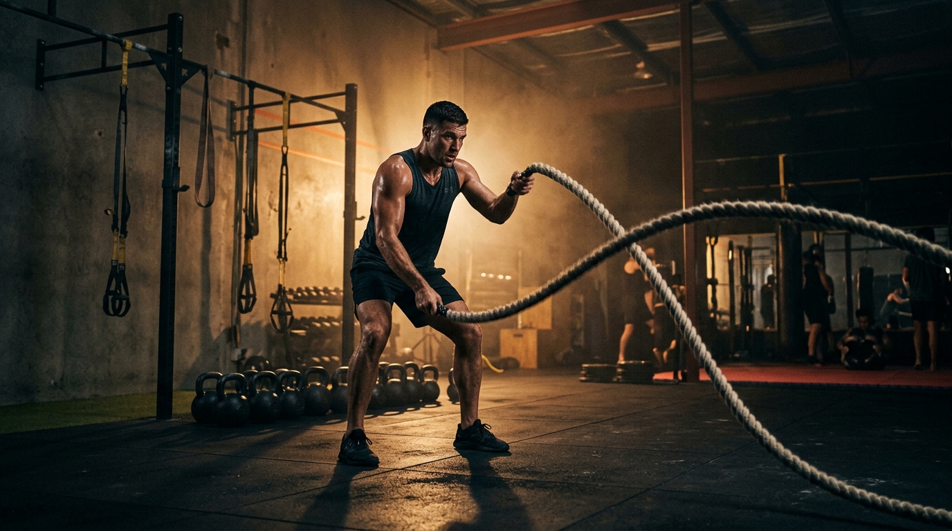 Athletic training with battle ropes at Monks Fitness Academy